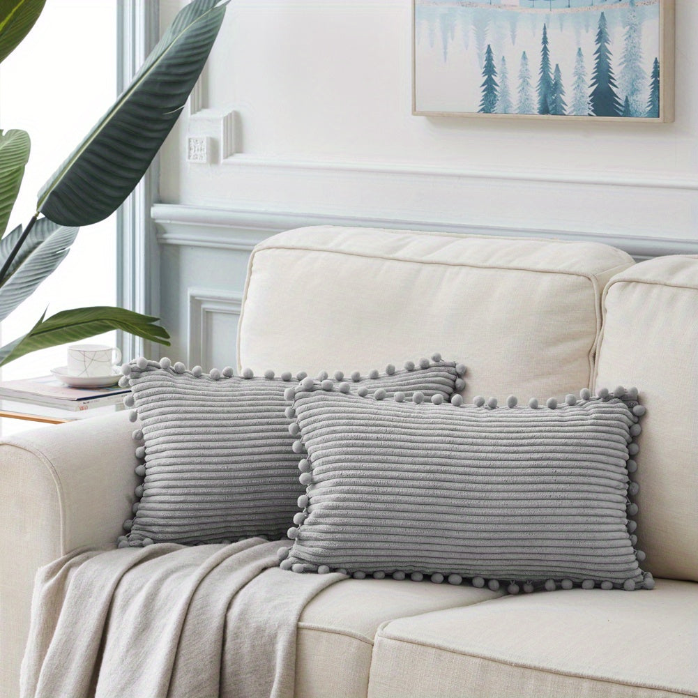 Набор из 2-х бохо наволочек для подушек с помпонами и акцентом из вельвета. Сплошные квадратные подушки для различных пространств. (18x18 дюймов/45x45 см). ВКЛЮЧЕНИЯ НЕ ВХОДЯТ.