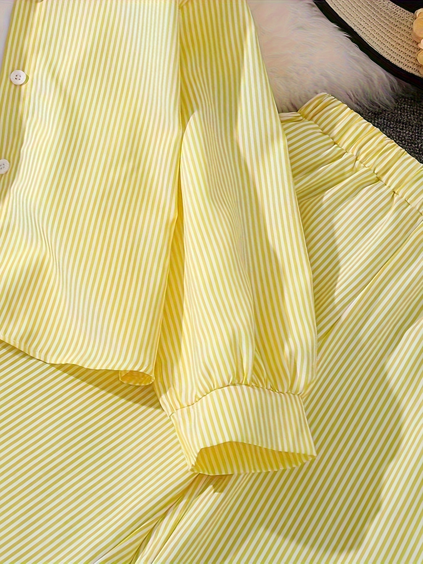 Girls Autumn Striped Long-Sleeve Shirt and Trousers Set Polyester Casual Outdoor Wear