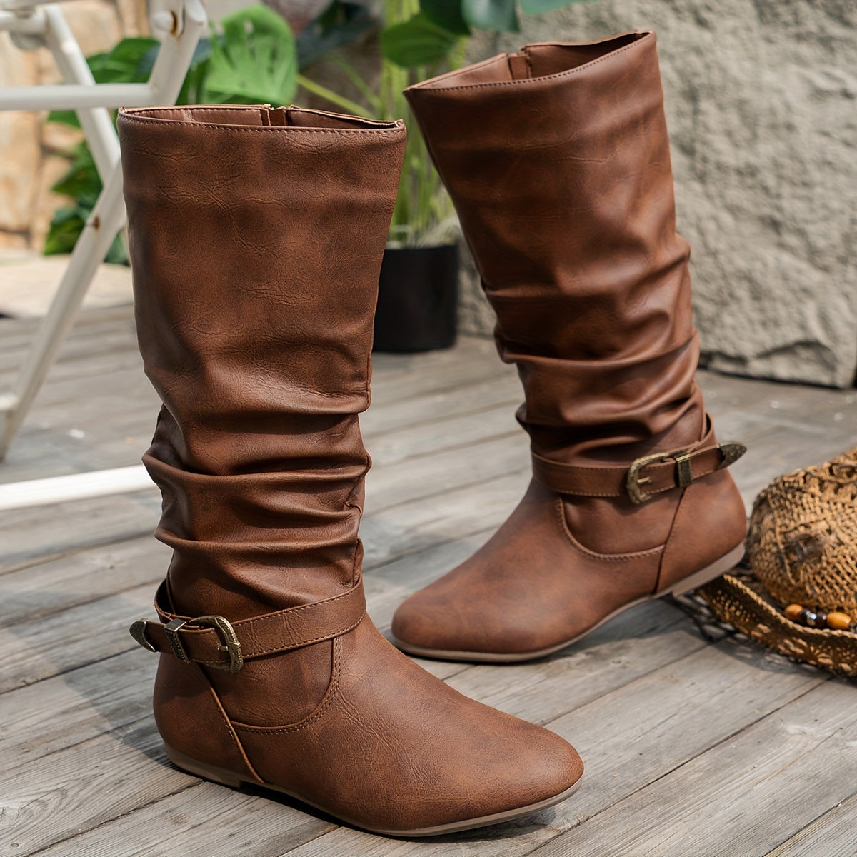 Women's Faux Leather Mid-Rise Boots with Pleated Side Buckle and Round Toe