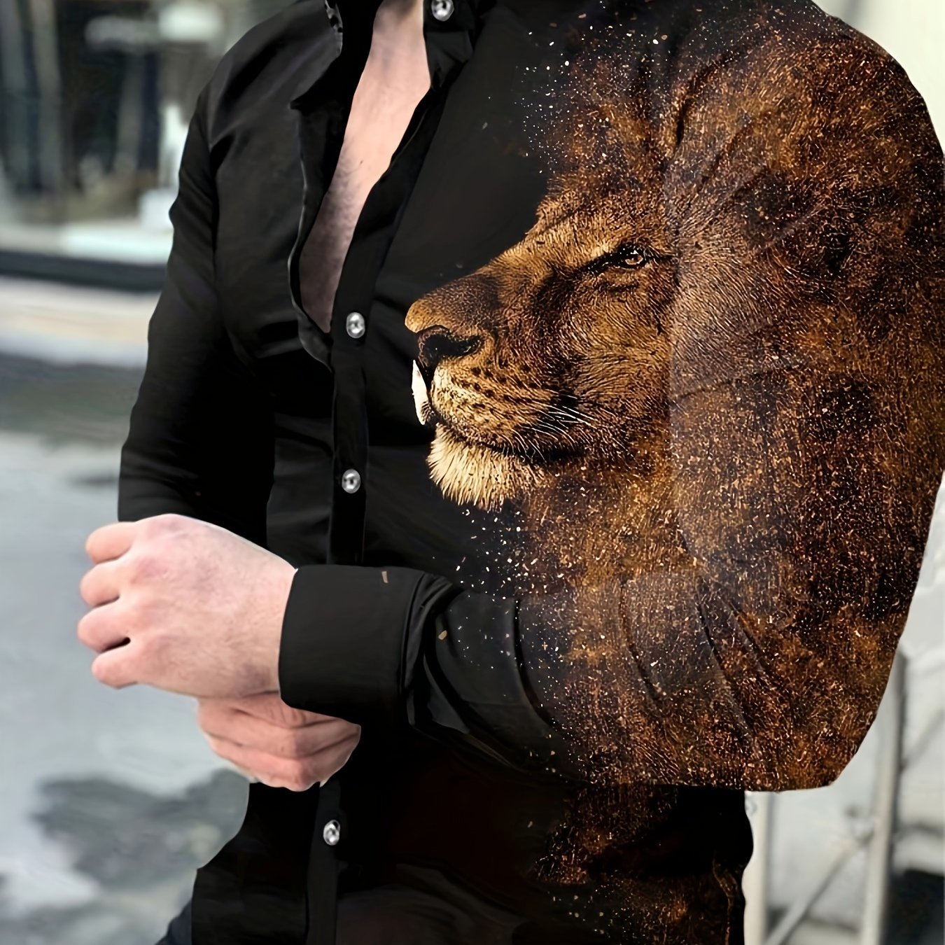 Men's Long Sleeve Shirt with Lion Star Pattern Polyester Spandex Casual