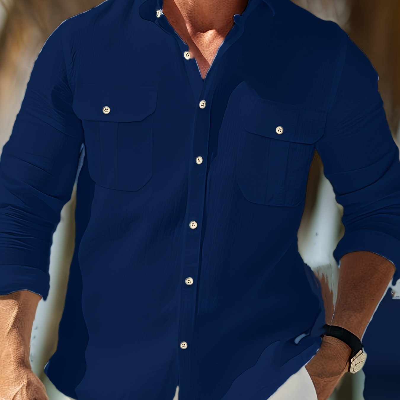 Men's Cotton Linen Blend Button-up Shirt with Chest Pocket Long Sleeve Casual