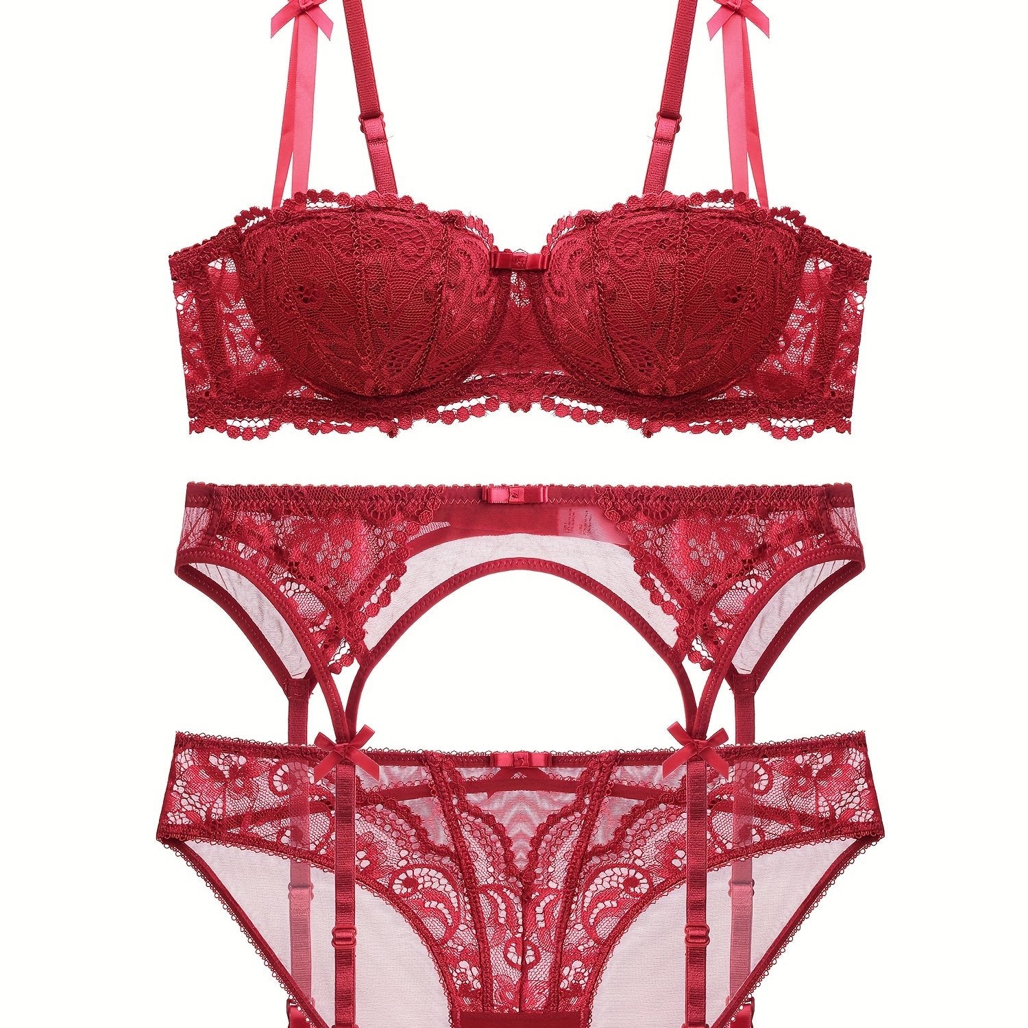 Women's Floral Lace Lingerie Set with Push-Up Balconette Bra and Matching Bikini Panties