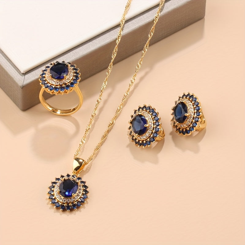 4-ta bo'lakli to'y zargarlik buyumlari to'plami Sun'iy ko'k safirli quloqchinlar, uzuk, taqinchoq, zanjir