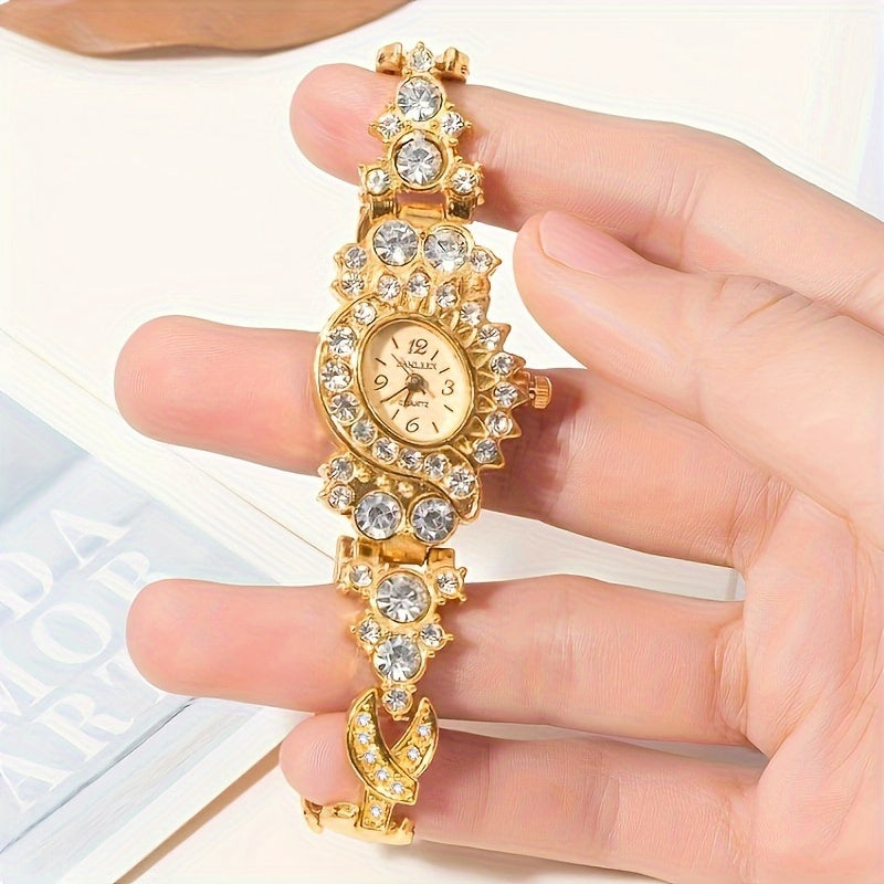 Women's Gold Rhinestone Quartz Watch with Oval Zinc Alloy Case and Analog Display
