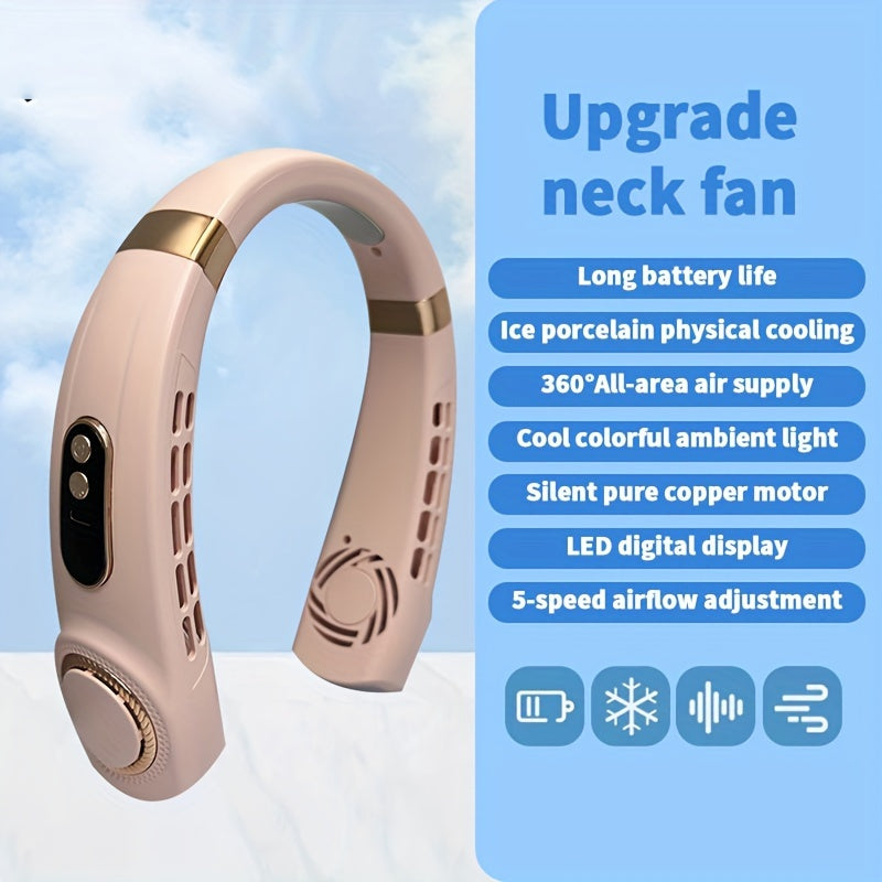 Noiseless Portable Neck Fan with LED Lights, 5-Speed Cooling, Rechargeable