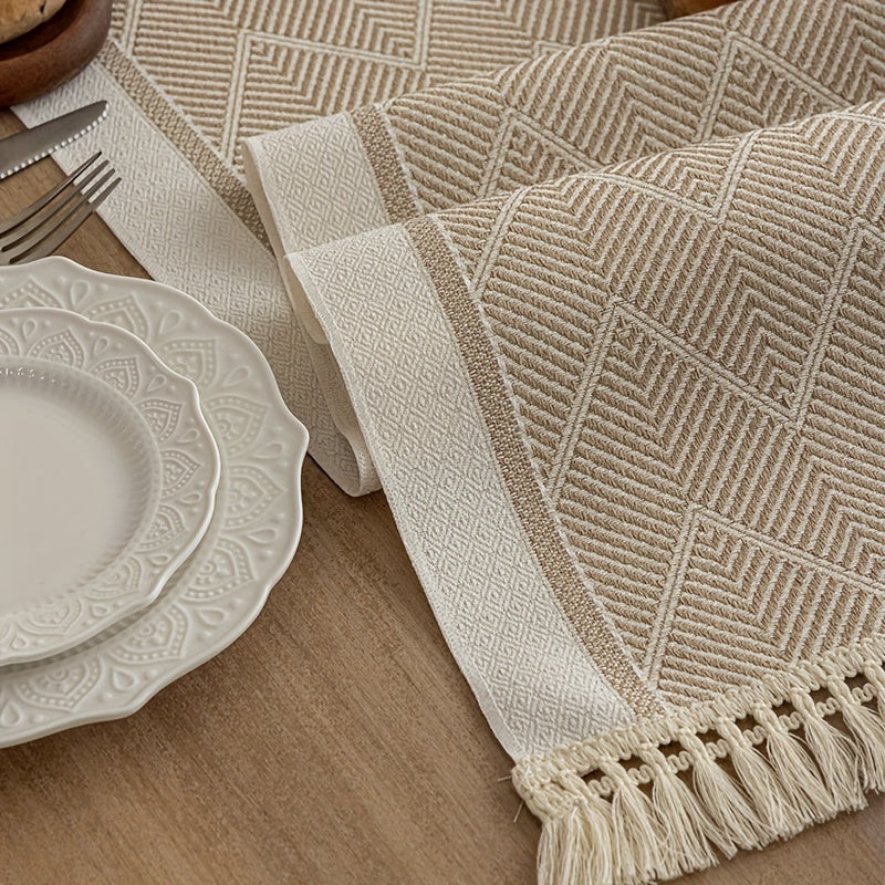 Beige Striped Polyester Table Runner with Fringe Tassels for Home and Event Decor