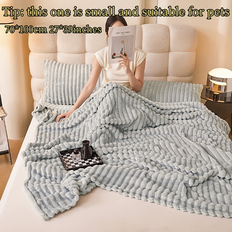 Manta de pelo sintético de conejo acogedora y suave, con rayas multicolores para sofá, cama y oficina