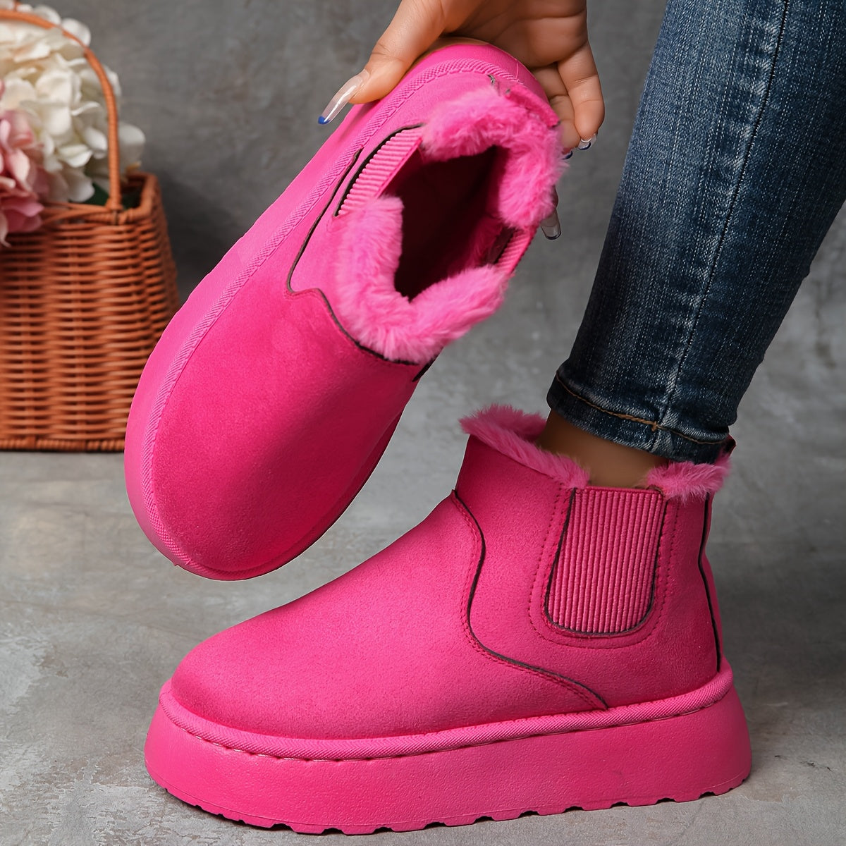 Women's Faux Fur Lined Ankle Boots with Thick Platform and Mid Heel