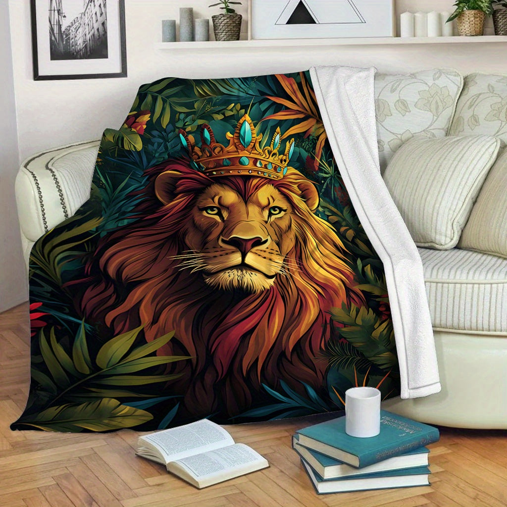 Contemporary Jungle Lion Print Flannel Blanket for Bed Sofa Car 200-250gsm