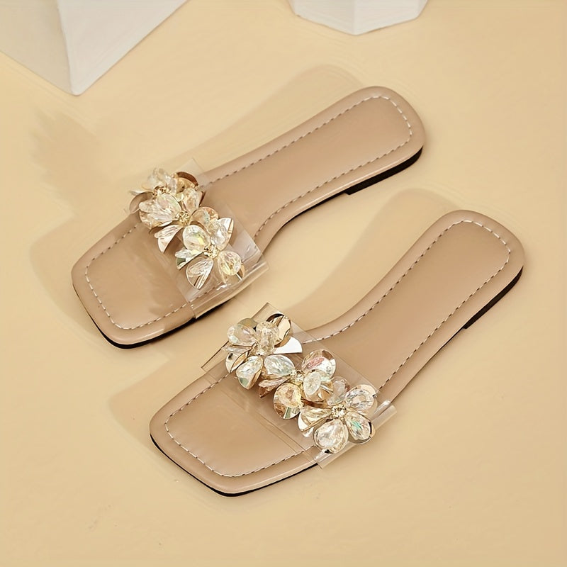 Women's Rhinestone Floral Slip-On Sandals with Square Toe and Flat Soft Sole