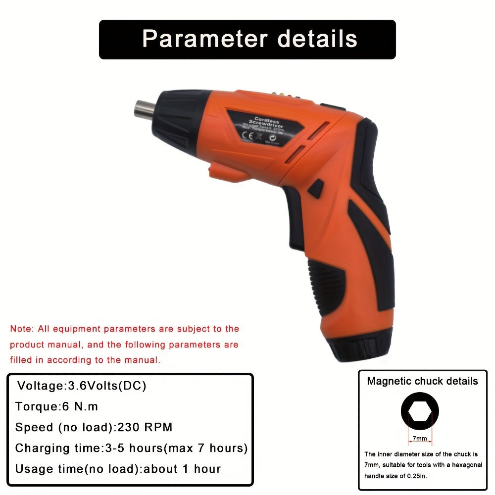 Электрическая отвертка с набором из 47 аксессуаров и функцией фонарика, подходит для различных задач, таких как затягивание винтов, гаек и сверление. Идеально подходит для домашних ремонтов и установок.