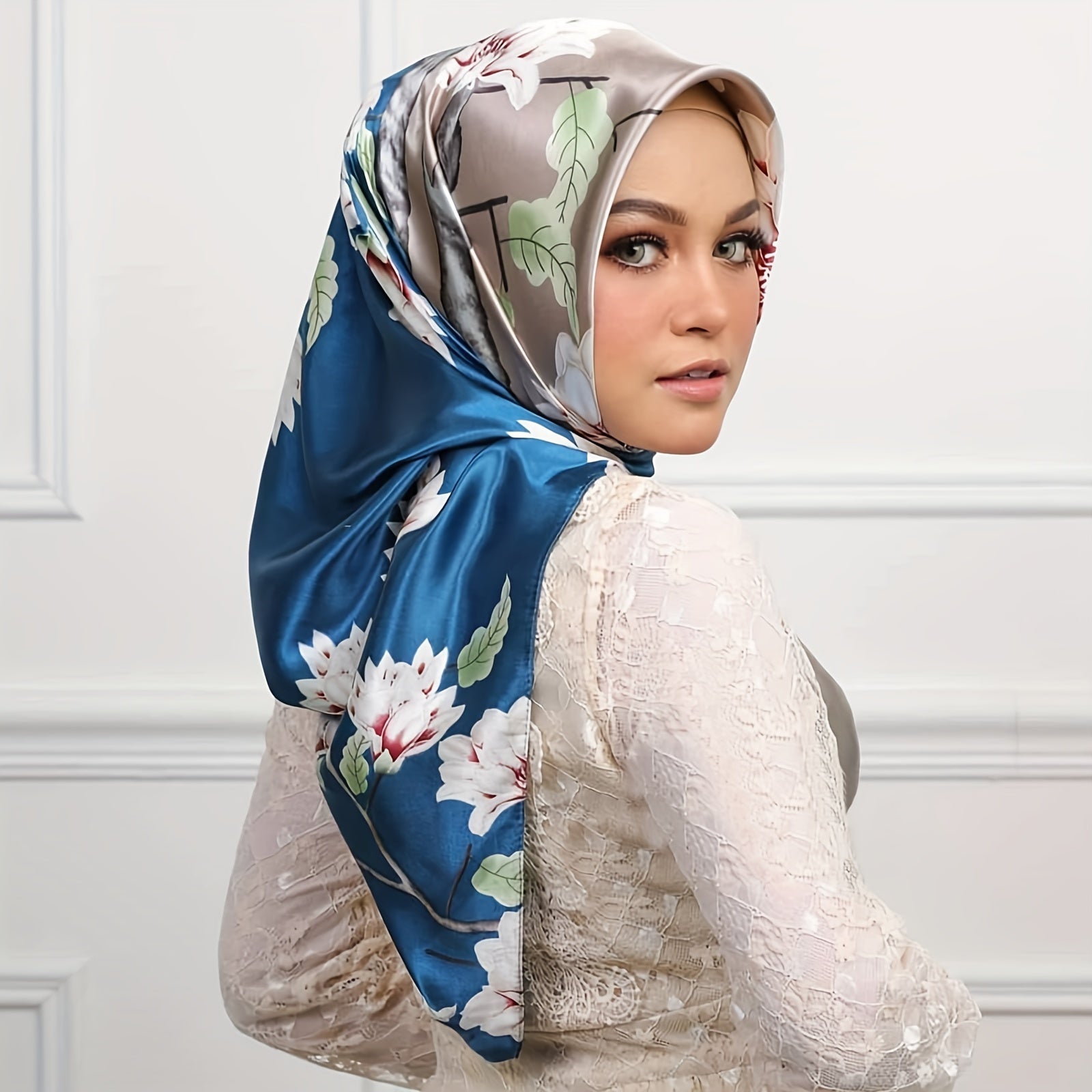 Teal Floral Polyester Square Scarf 89cm Sun Protection Casual Accessory