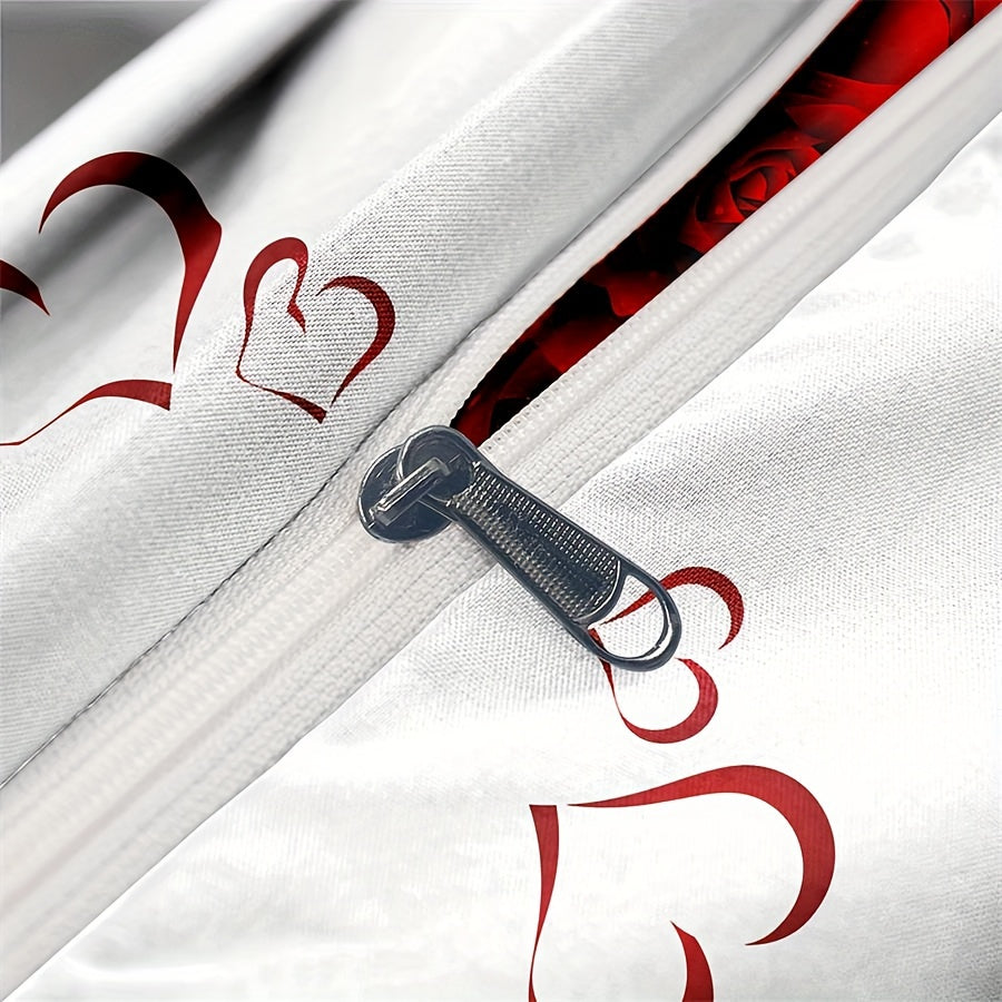 Red Rose Duvet Cover Set with 2 Pillowcases All-Season Polyester Zipper Closure