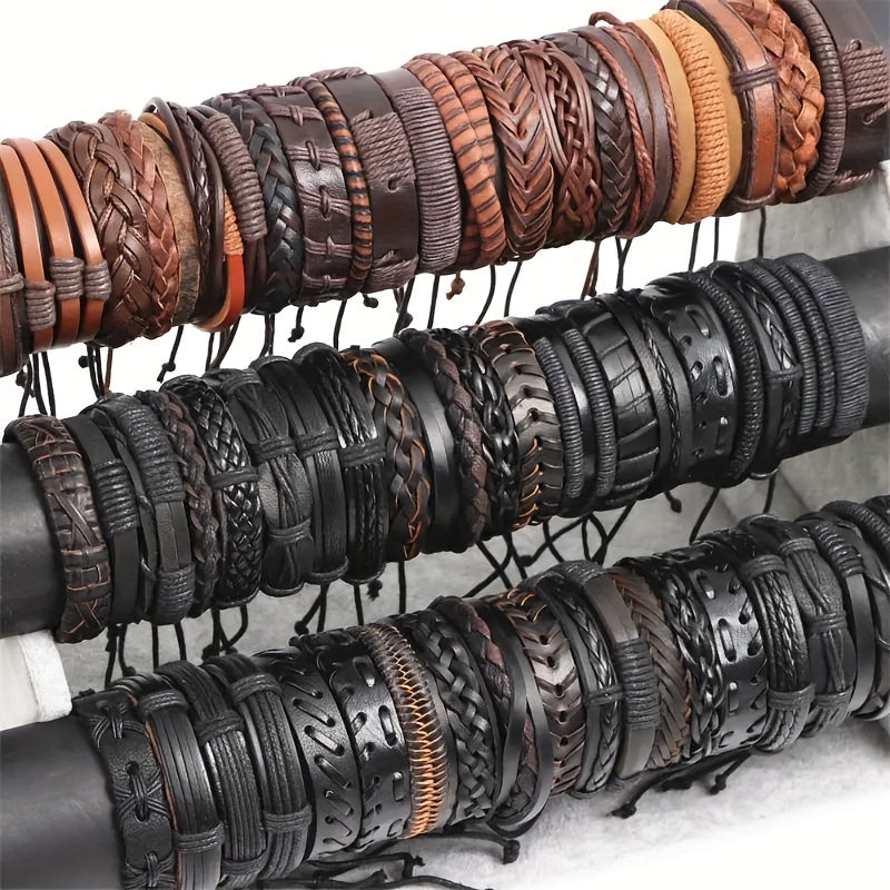 Set of 10 20 or 30 Faux Leather Bracelets for Men Women Adjustable Black Brown Gift
