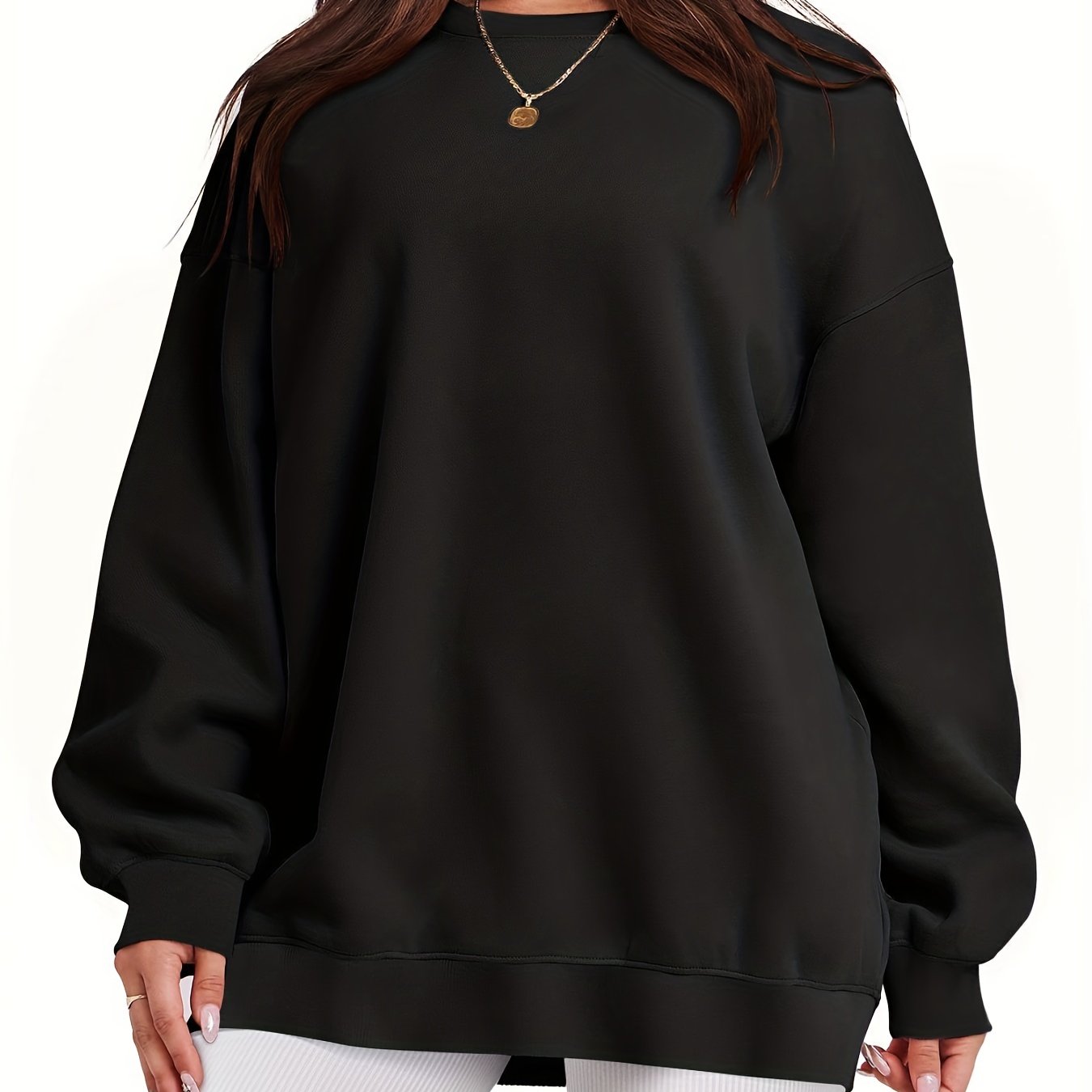 Women's Loose Cotton Long Sleeve Hoodie Round Neck Solid Color Pullover