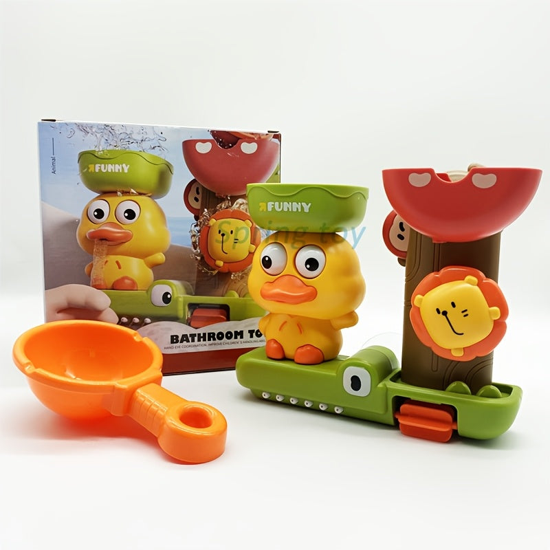 Colorful Cartoon Duck Bath Toy Set for Kids with Suction Cup Spraying and Rotating Features in Orange Green Yellow