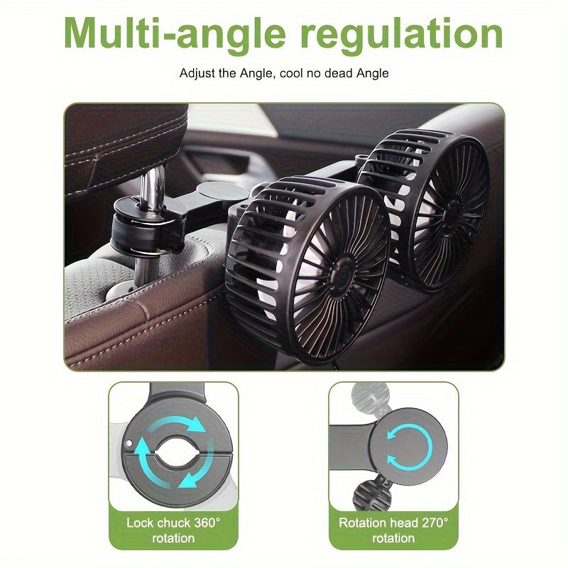 Car Fan Dual-Head Rear Air Circulator 3-Speed Adjustable 360° Rotation