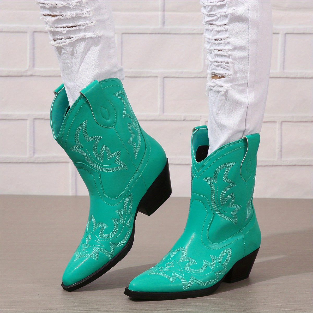 Women's Turquoise Ankle Boots Faux Cover Pointed Toe Block Heel Casual Shoes