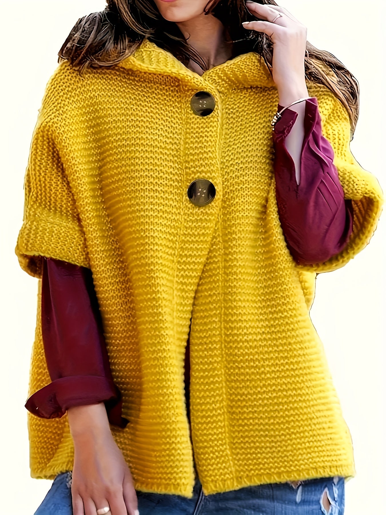 Plus Size Yellow Hooded Short Sleeve Cardigan Soft Fabric Casual Seasonal
