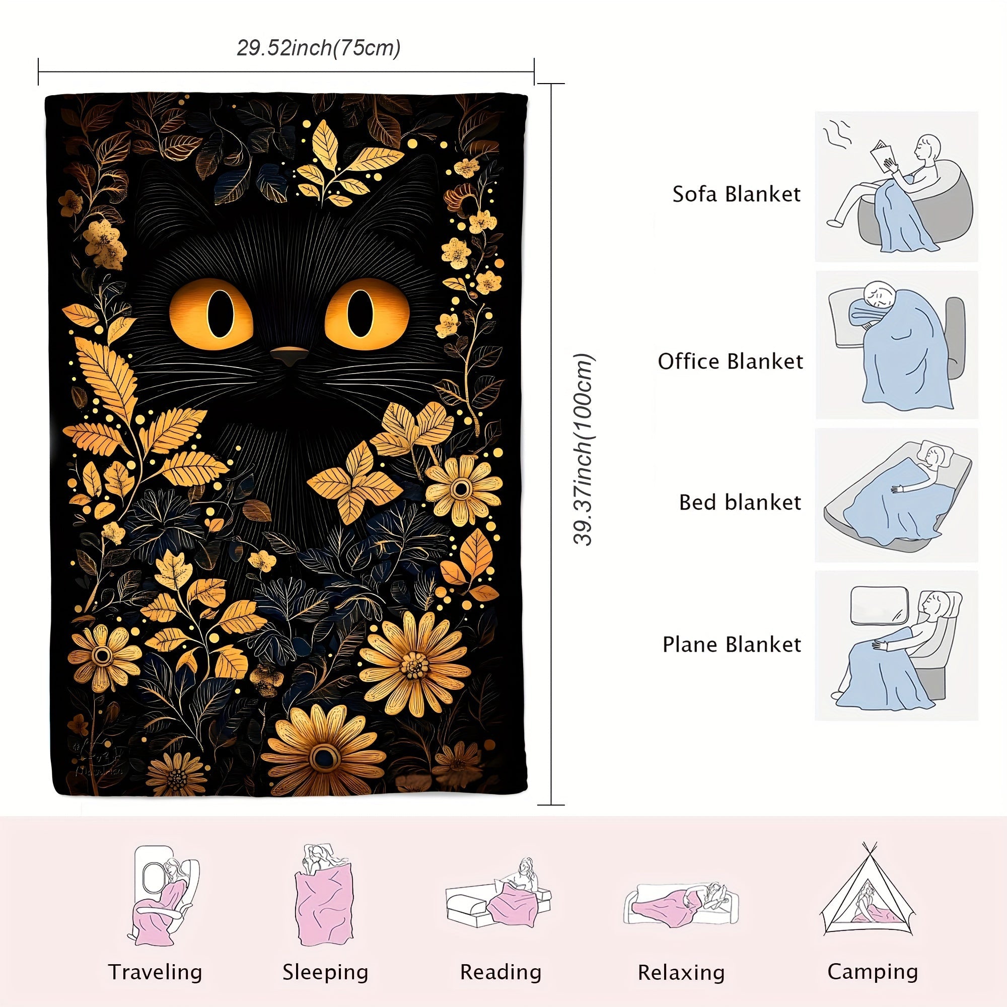 Black Cat Throw Blanket Soft Plush Flannel All-Season Cozy Gift