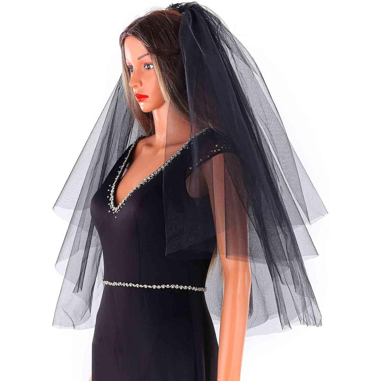 Black Lace Bridal Veil with Comb Fingertip and Long Length for Weddings and Occasions