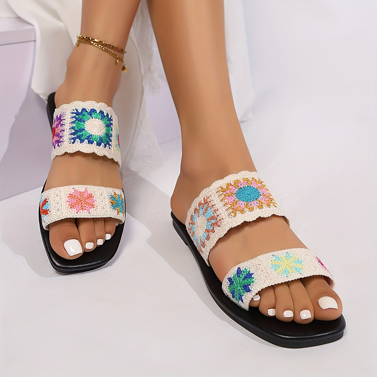 Women's Colorful Lace Crochet Bohemian Flat Sandals Beach Travel Slippers