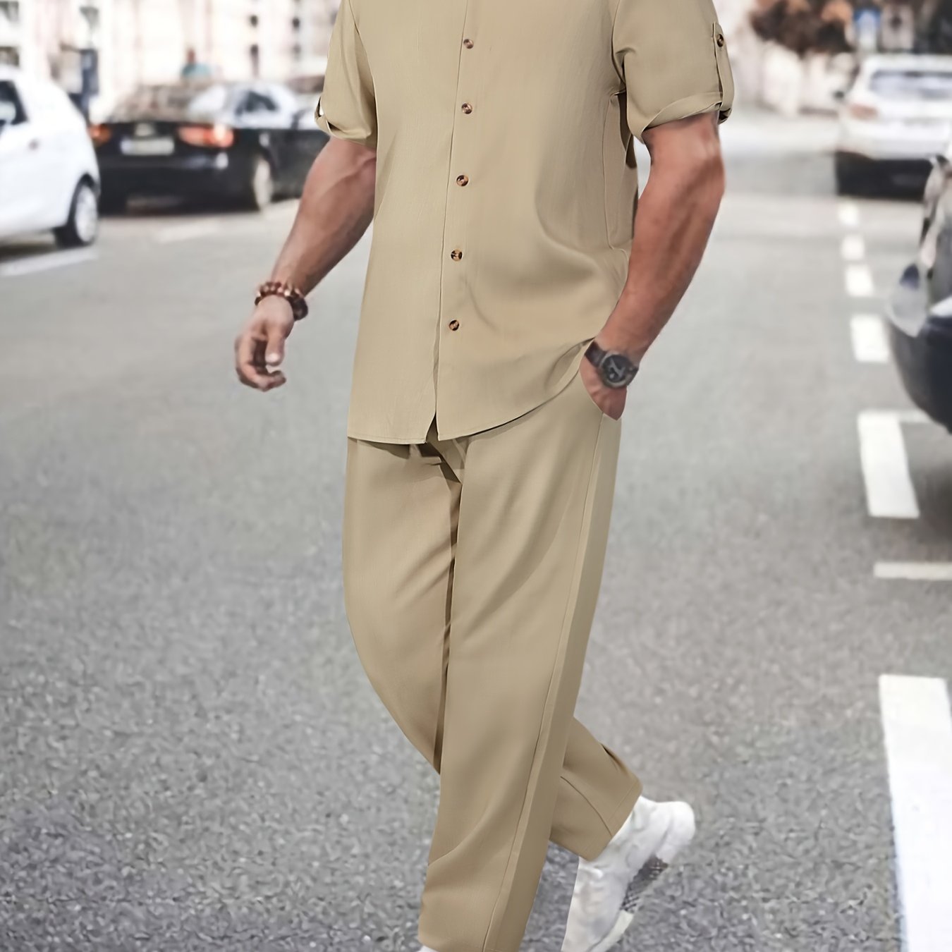 Casual Short-Sleeve Shirt and Long Pants Outfit Polyester Solid Color All-Season