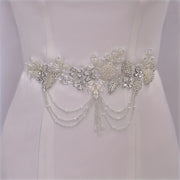 Bridal Satin Ribbon Belt with Rhinestone Waistband and Tassel Beads