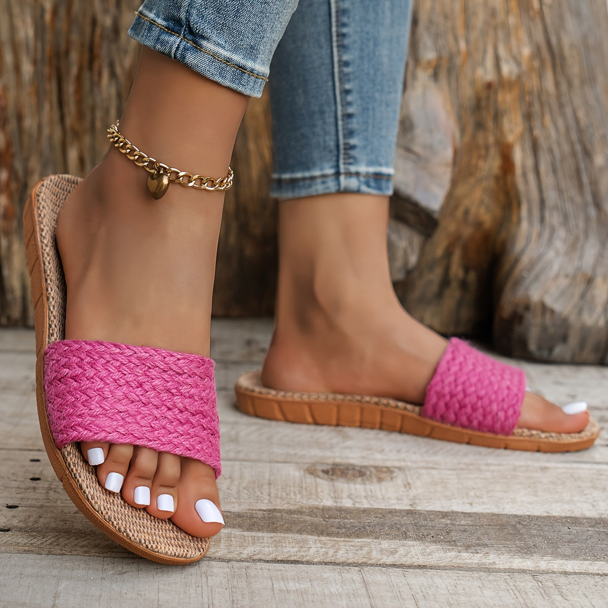 Women's Jute Straw Slip-On Sandals with Adjustable Back Strap for Summer