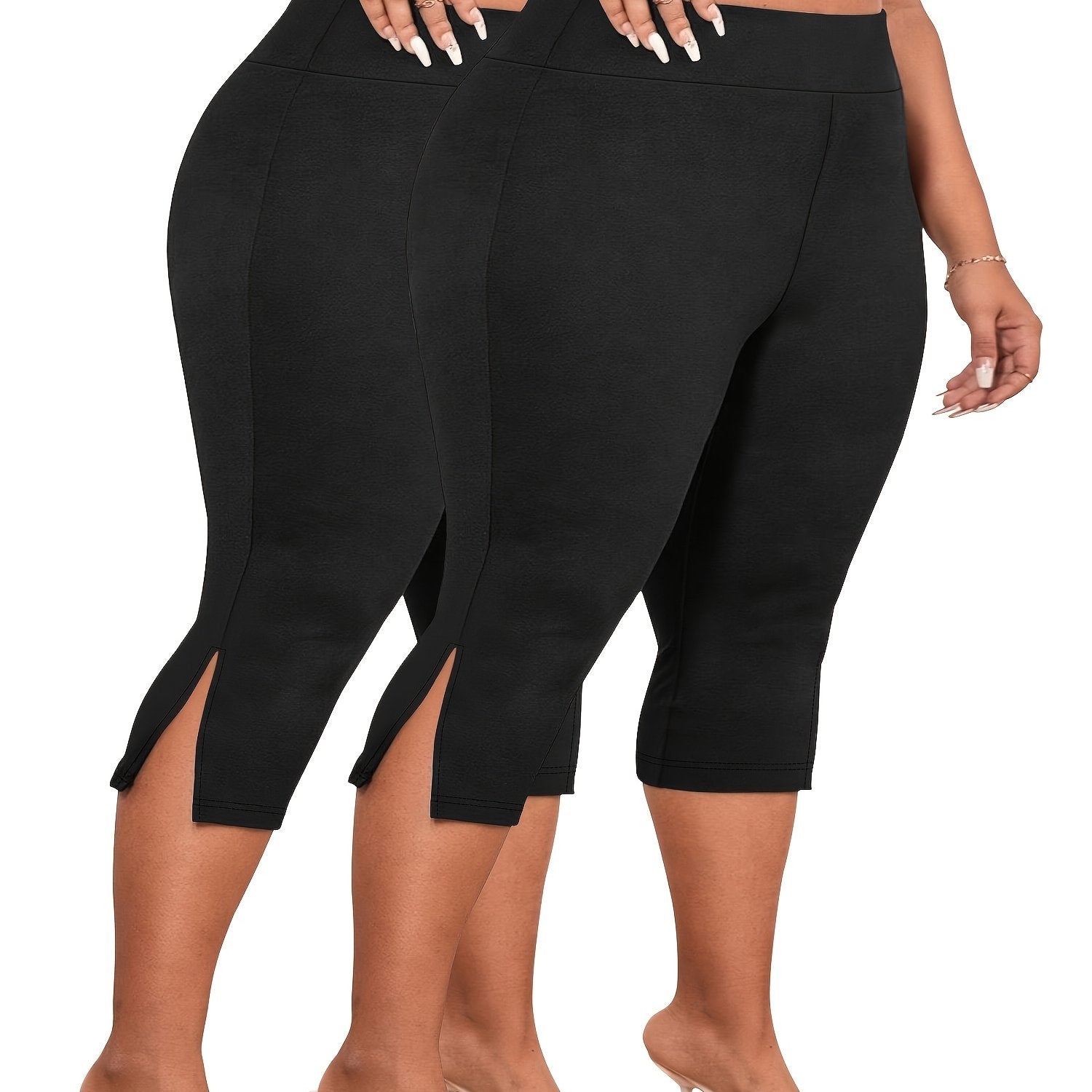 Plus Size High Waist Bermuda Shorts Stretchy Skinny Fit Side Slit Spring Summer