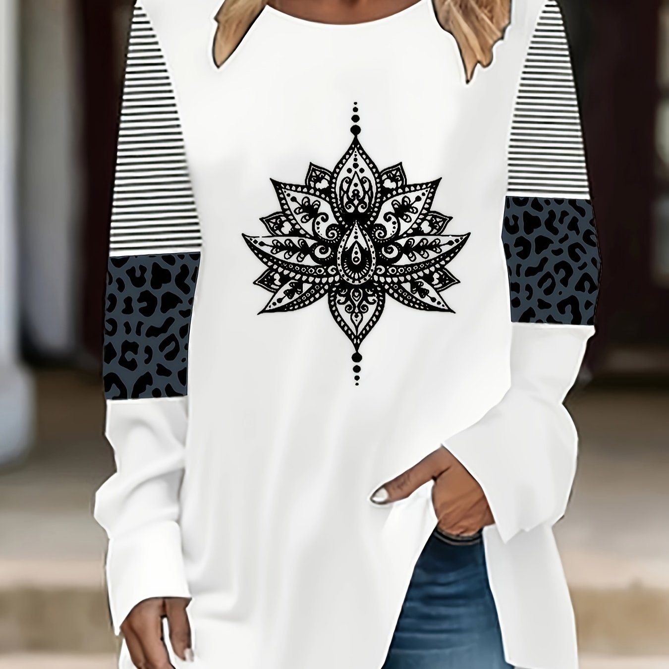 Plus Size Women's Cotton Long Sleeve T-Shirt Heart and Zebra Print White Black Brown