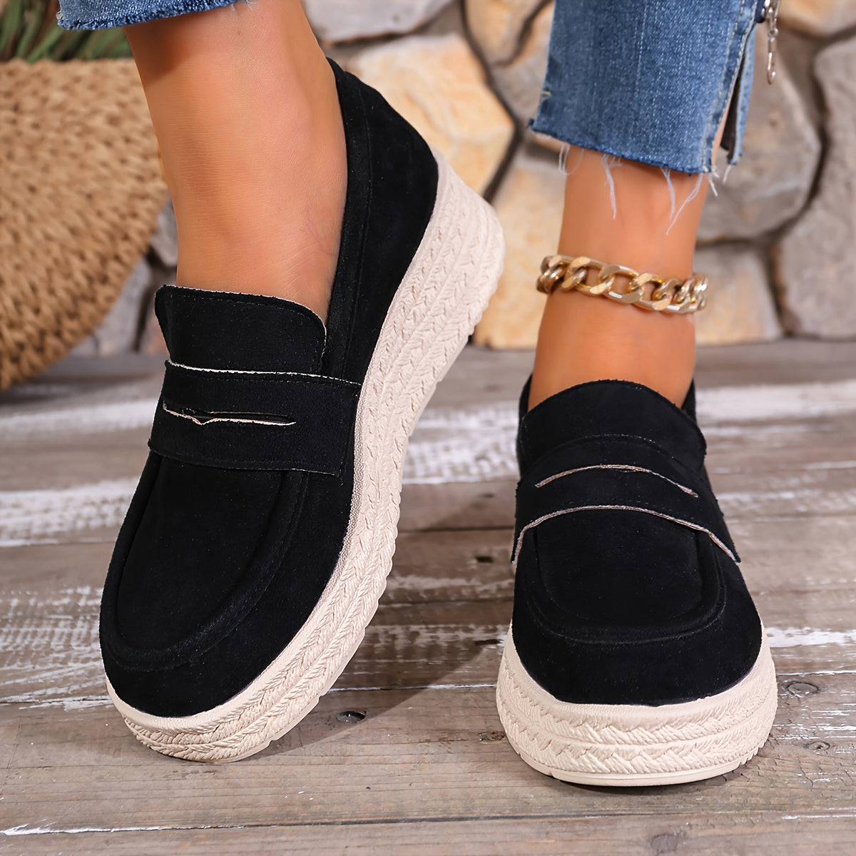 Women's Slip-On Sneakers Black Beige Cushioned Platform All-Season