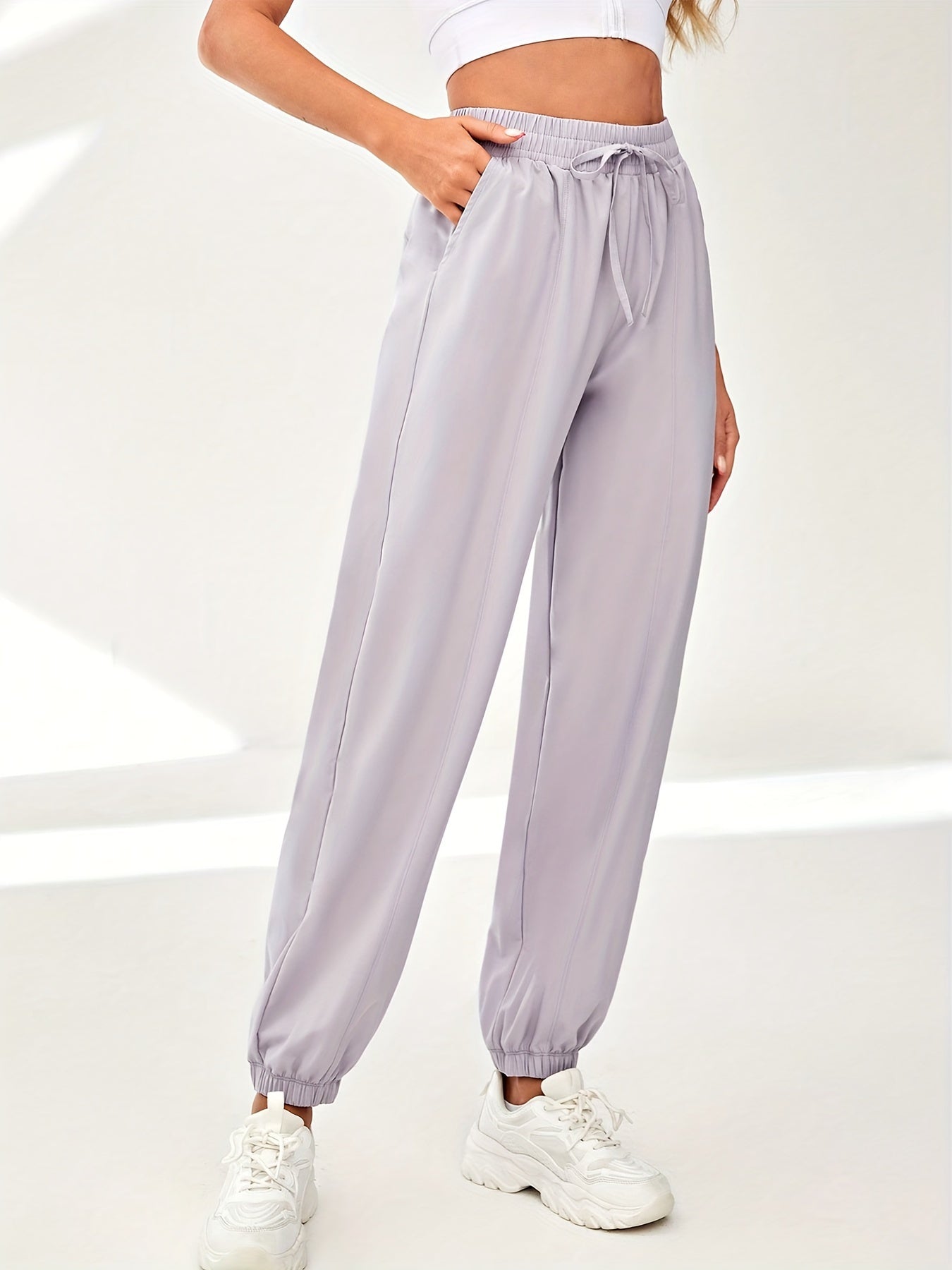 Women's Solid Color Quick-Drying Wide Leg Cropped Sweatpants with Drawstring Waist