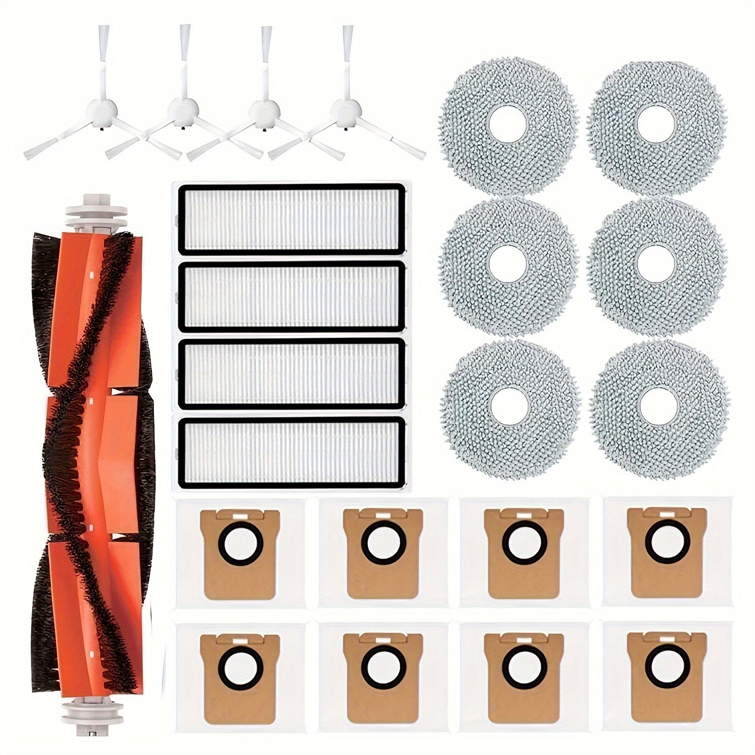 Mi Robot Vacuum Cleaner X20/X20 Plus uchun mos 23 dona almashtirish qismlari to'plami - 1 ta asosiy cho'tka, 4 ta yon cho'tka, 4 ta HEPA filtri, 6 ta mikro tolali mopa, 8 ta chang sumkasi - vakuum aksessuarlar