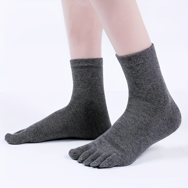 Men's Solid Color Mid-Tube Five-Finger Breathable Cotton Socks 5 or 10 Pairs