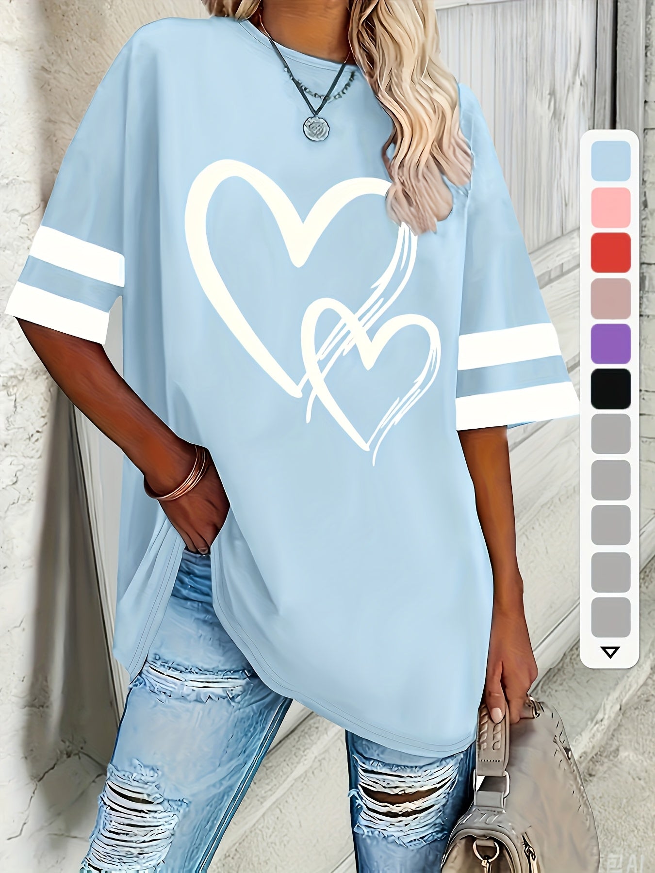 Plus Size Women's Short Sleeve T-Shirt with Heart Design Casual Pullover