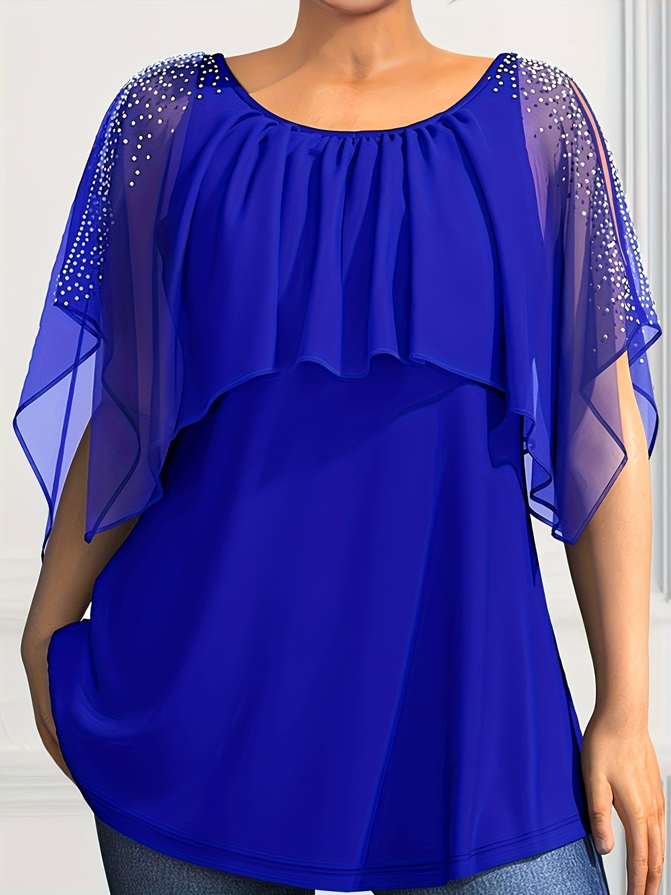 Plus Size Women's Chiffon Blouse with Pearl Embellishments Black Ruffled Sleeves