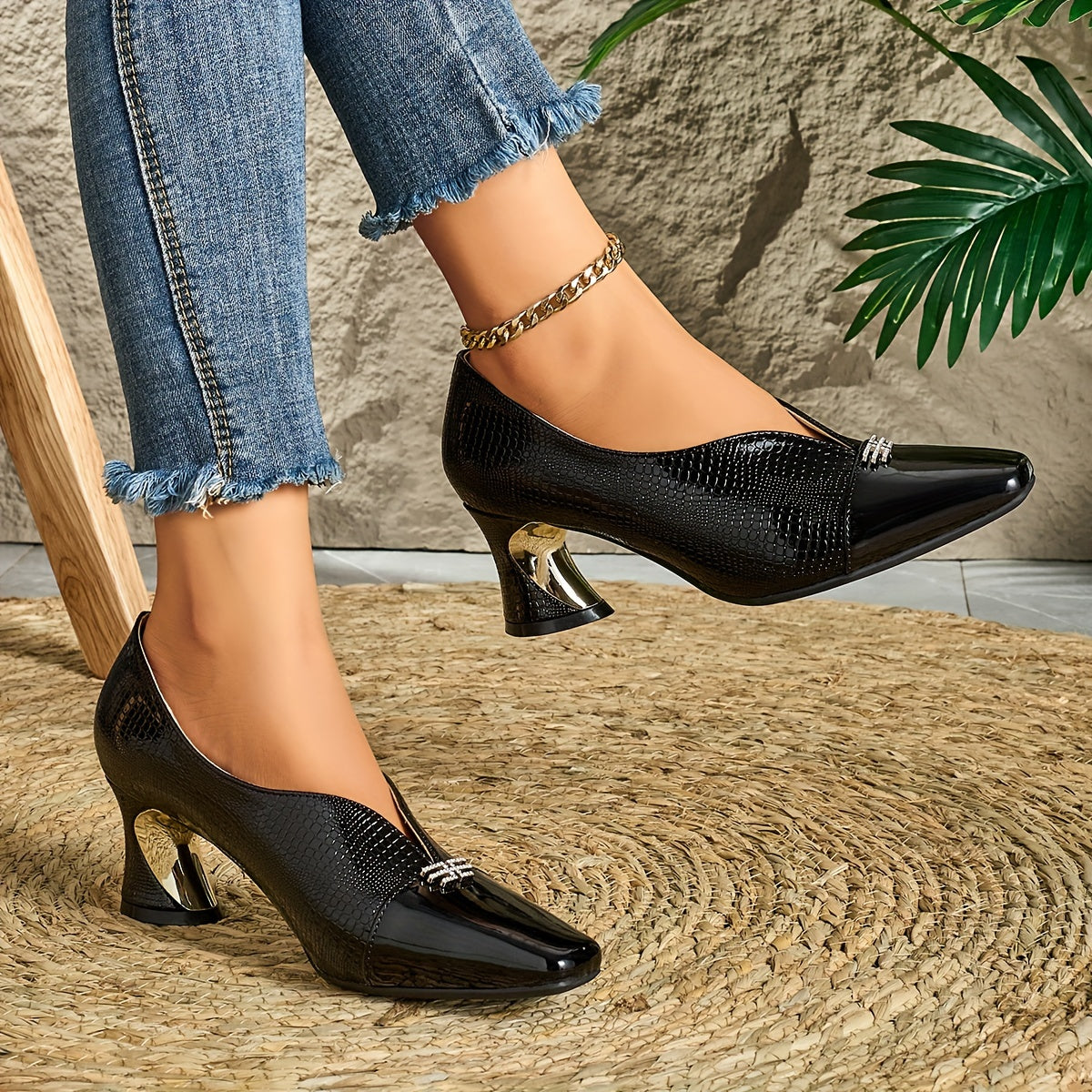 Women's Fashion Deep Mouth Diamond Buckle Square Toe High Heels Comfortable Chunky Heel