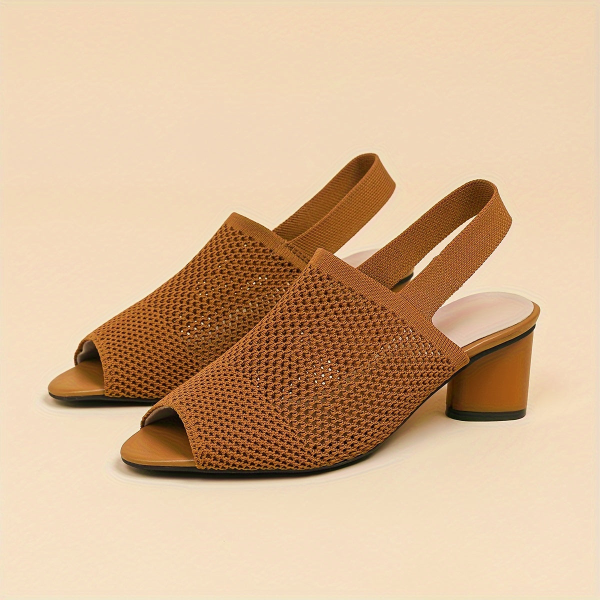 Women's Mesh Peep-Toe Chunky Heel Sandals Slip-On Elastic Ankle Strap Mid Heel