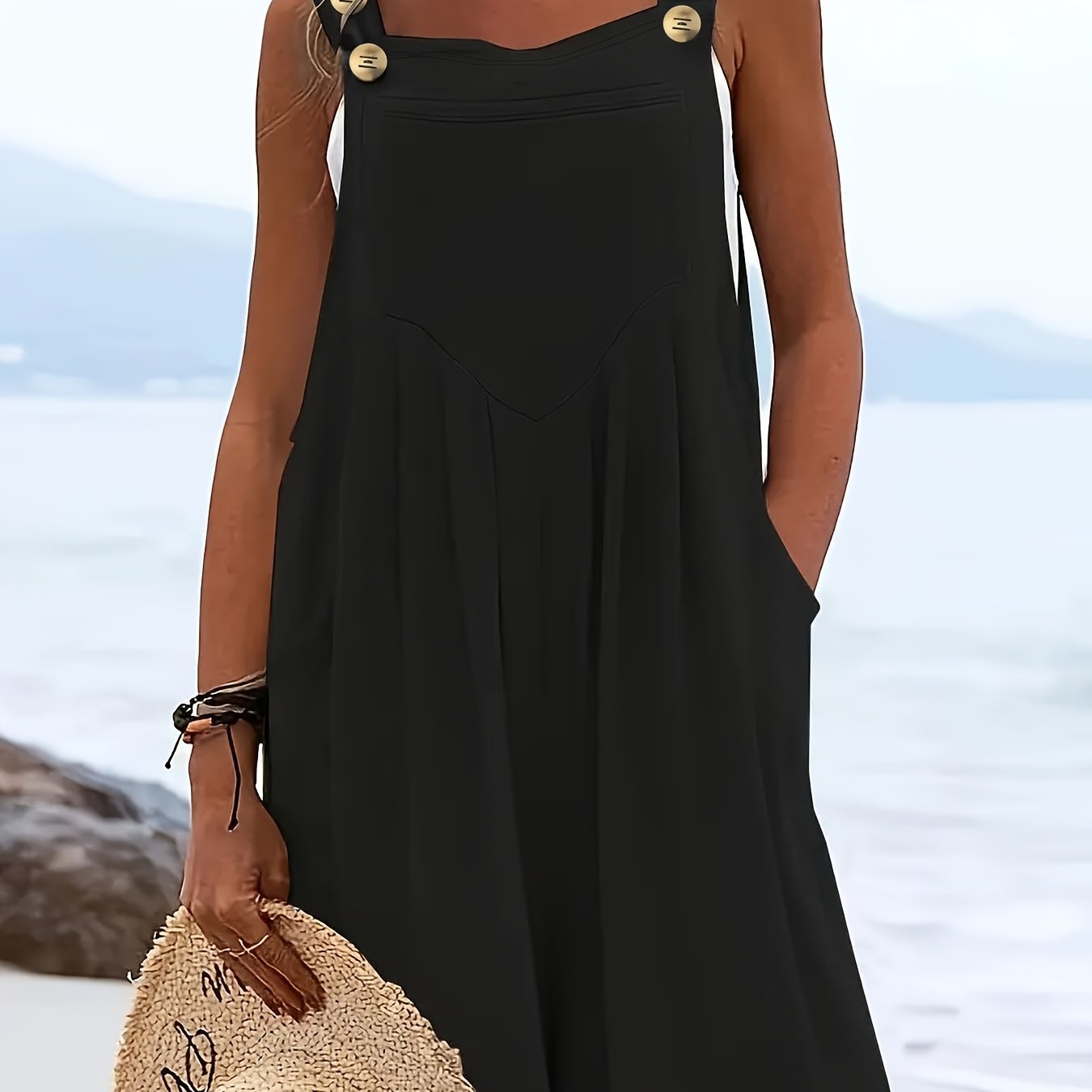 Women Sleeveless Jumpsuit with Faux Buttons Breathable Stretchy Casual