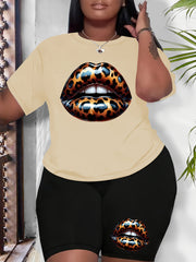 Women Plus Size Leopard Lip Print Casual Black Sportswear Set