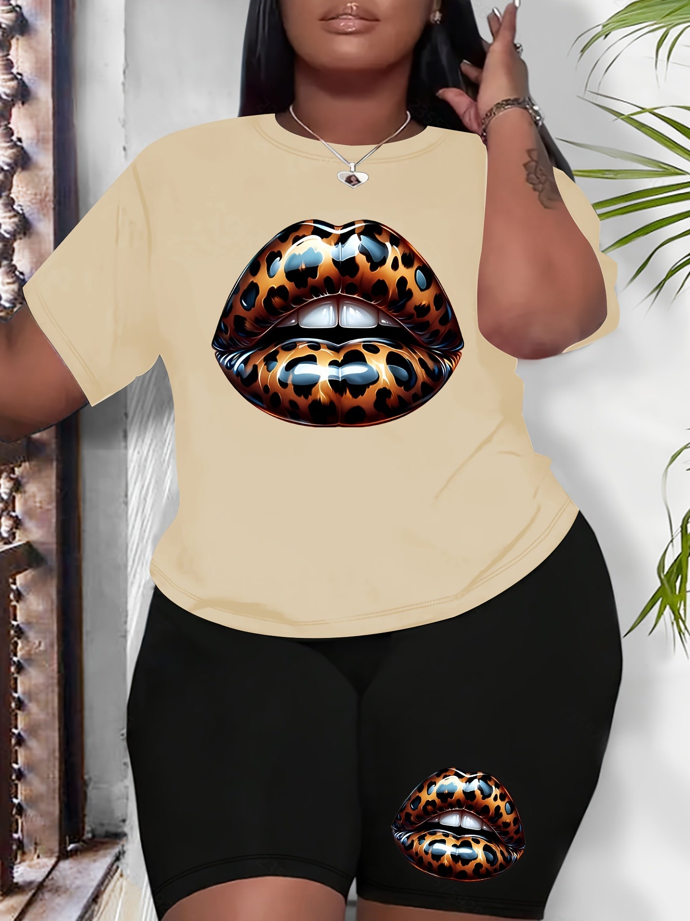 Women Plus Size Leopard Lip Print Casual Black Sportswear Set