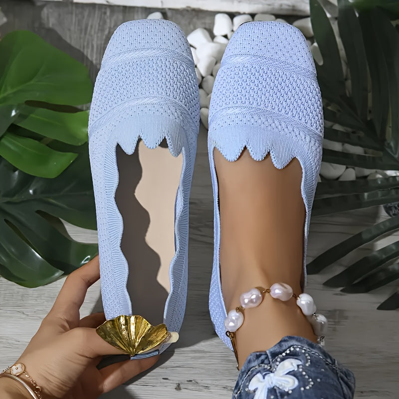 Zapatos planos casuales de punto con cordones y punta cuadrada negras para mujer