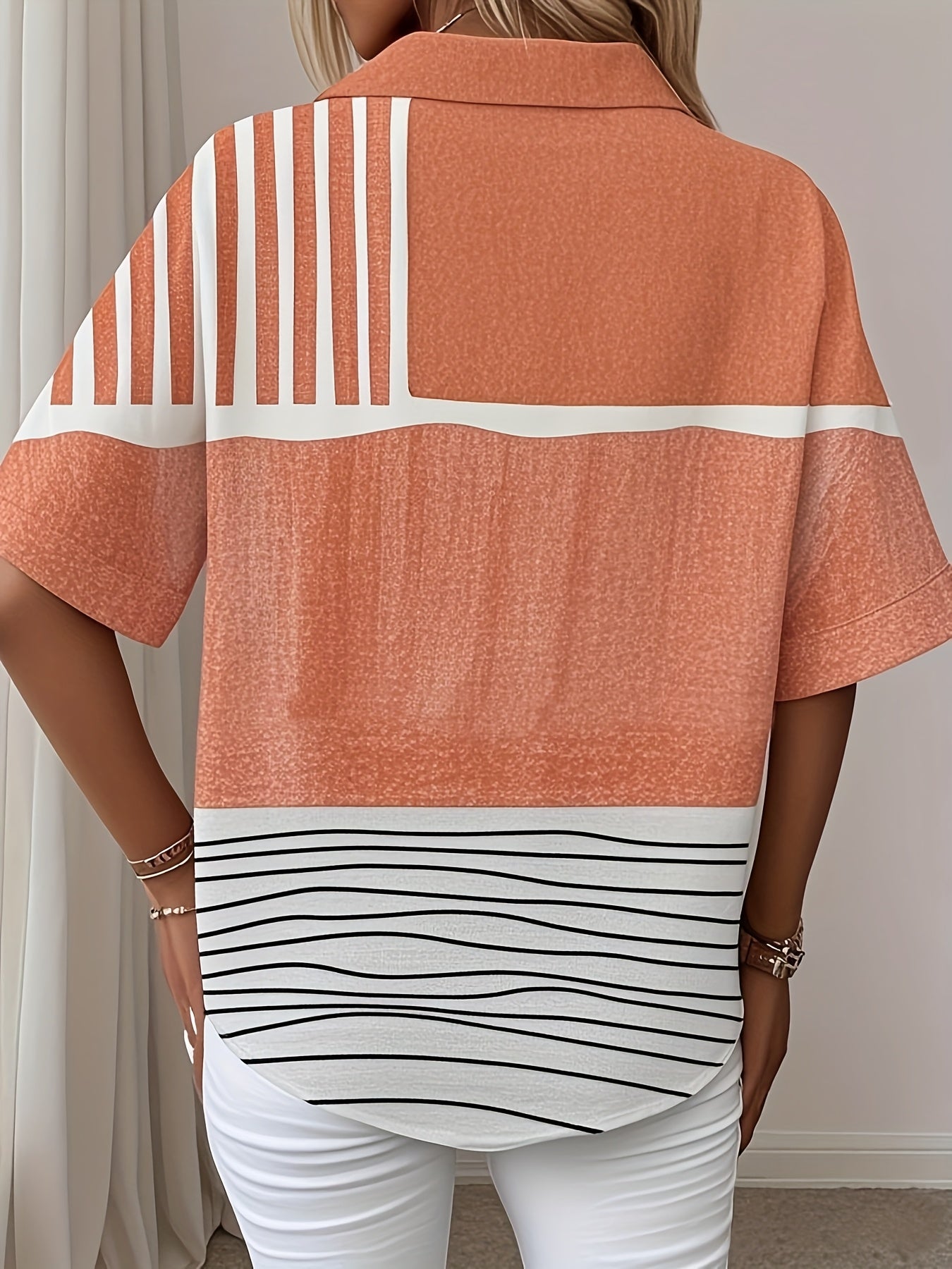 Women's Plus Size Short Sleeve Button-Up Shirt Geometric Color Block Summer Beachwear