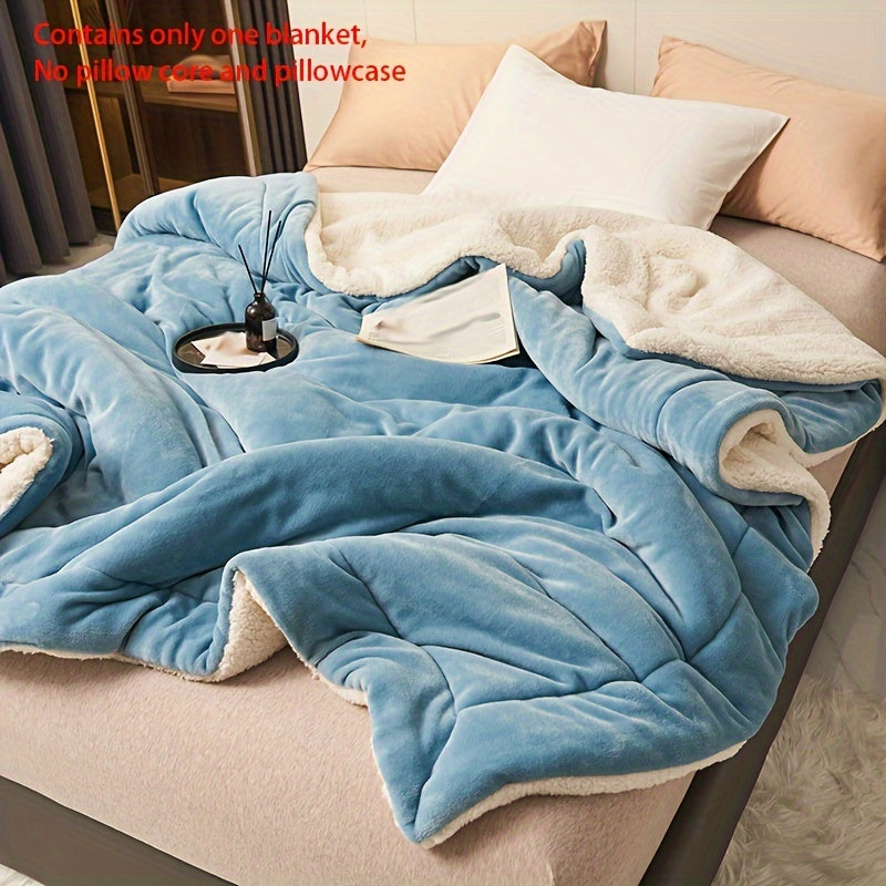 Light Blue Double Layer Blanket Made of Milk Fleece and Lamb Fleece for Cozy Relaxing