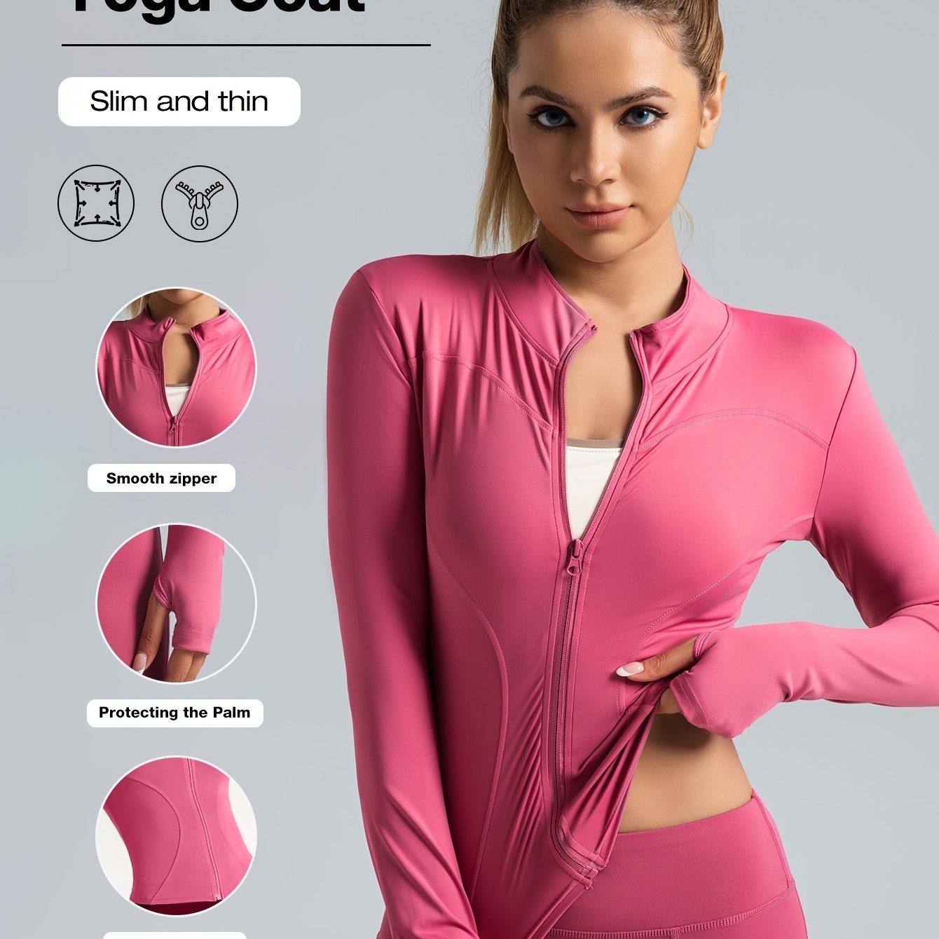 Women's Polyester Elastane Midi Yoga Jacket Full Zip Slim Fit All Seasons Activewear