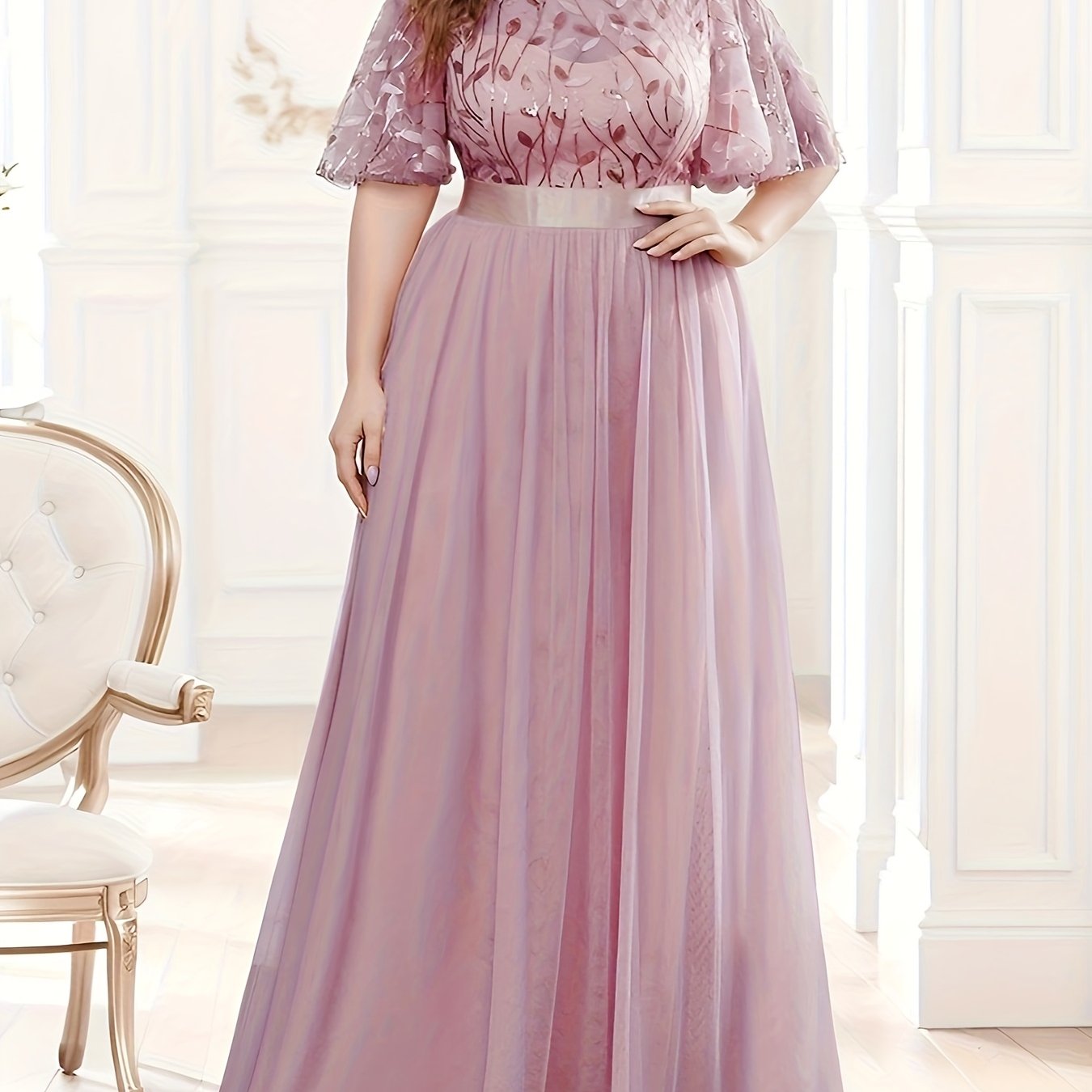 Women's Plus Size Evening Mesh Spliced Round Neck Dress