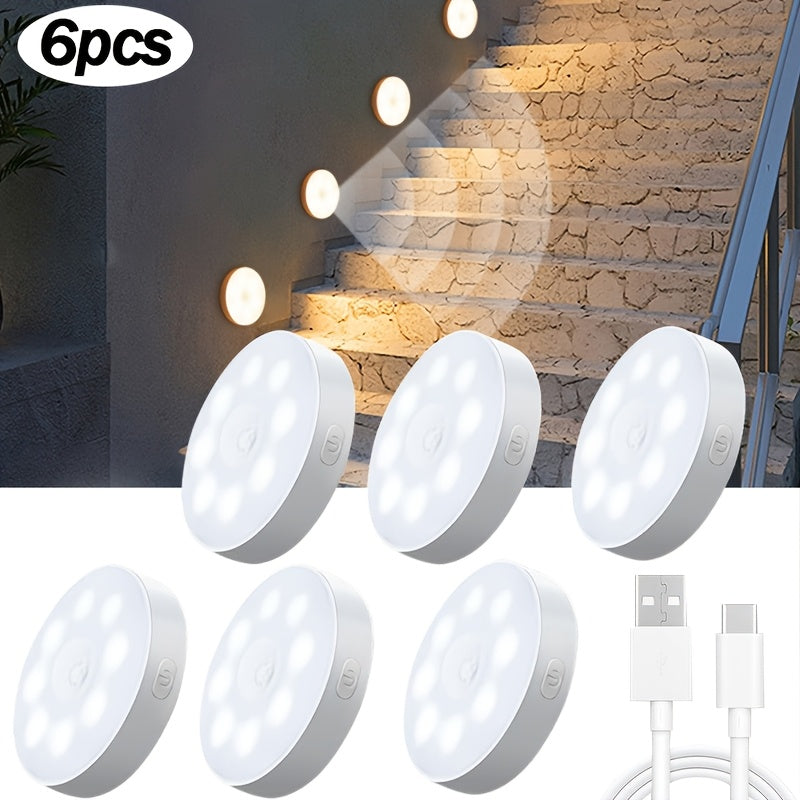 6pcs Magnetic LED Motion Sensor Lights Rechargeable Dimmable Portable Indoor White Yellow