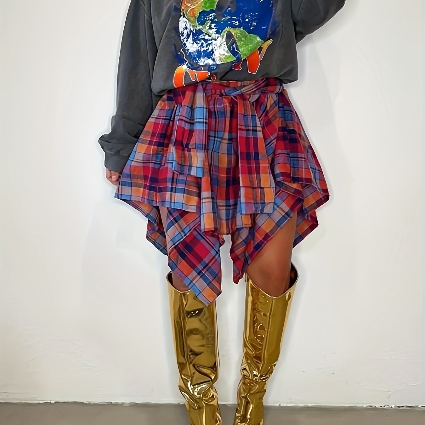 Plus Size Women’s Plaid Irregular Short Skirt Faux Two-Piece Casual Wear