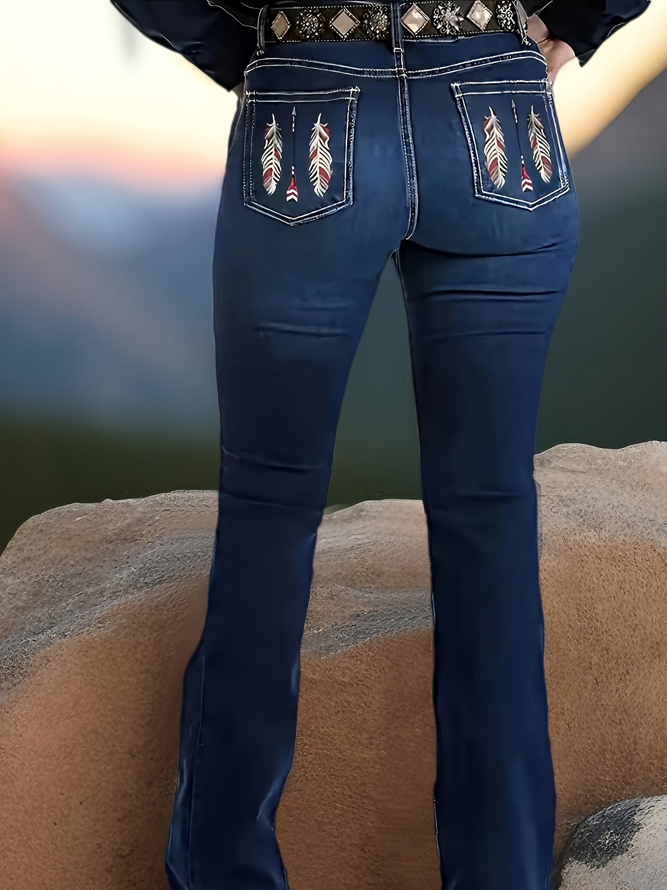 Women's Plus Size Flare Jeans High Stretch Denim Embroidery Casual Western